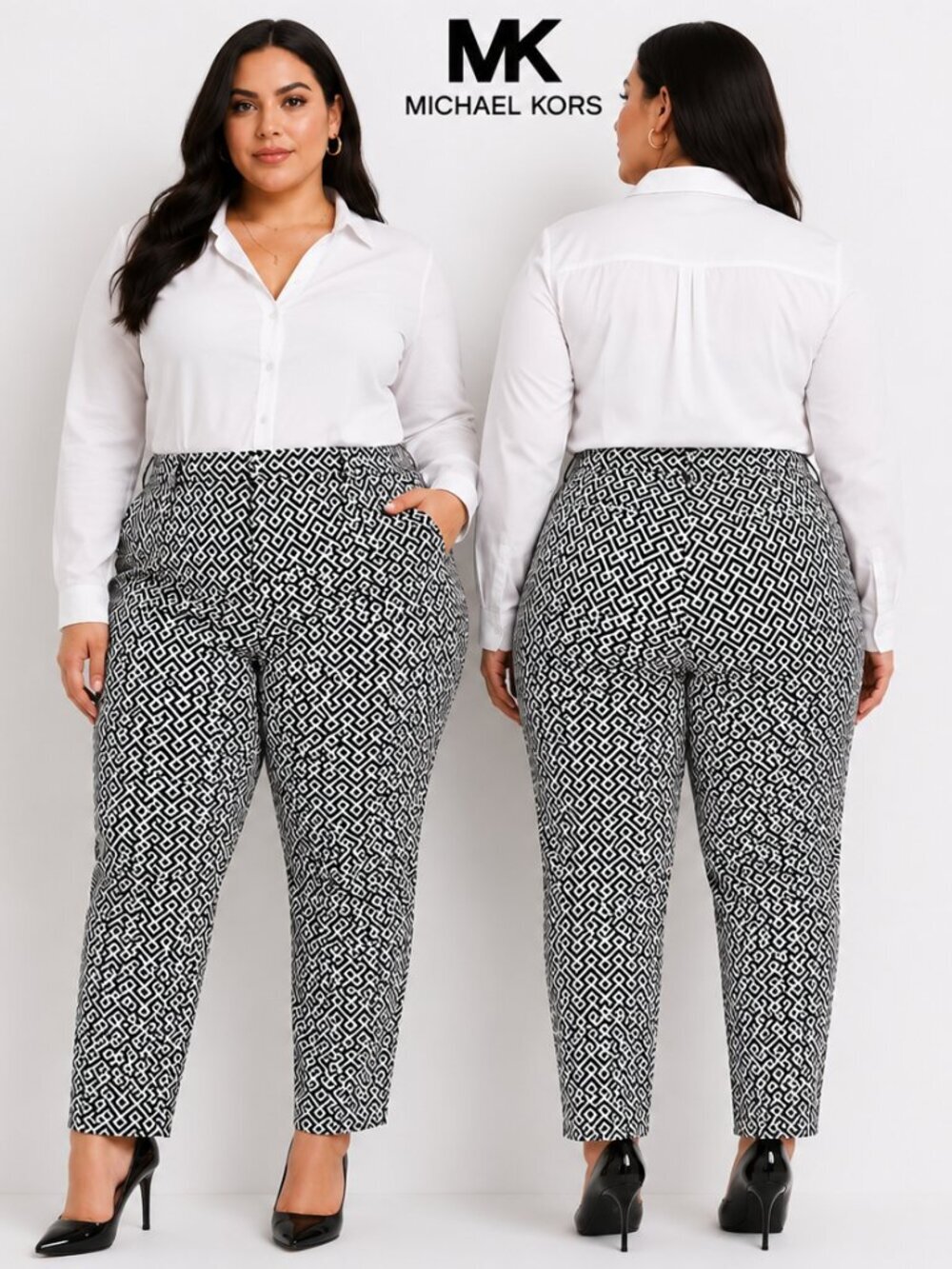 Michael Kors WomensBlack White Geometric Greek Key AnklePants Size 16/XL SlimFit